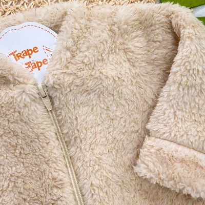 Conj. Jaqueta de Pelinho com Fios Dourados e Calça Legging - Creme e Marrom